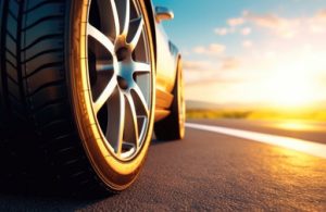 207255540-tires-on-the-asphalt-road-low-angle-side-view-of-car-driving-fast-at-sunset